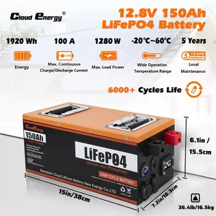Cloudenergy 12V 150Ah LiFePO4 Battery Pack Backup Power, 1920Wh Energy, 6000  Cycles, Built-in 100A BMS - Baterie do zasilaczy awaryjnych UPS - miniaturka - grafika 2