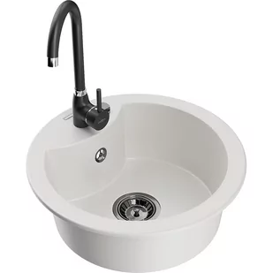 Mexen Diego zlewozmywak granitowy 1-komorowy z baterią kuchenną Telma, biały - Zlewozmywaki z baterią - miniaturka - grafika 1