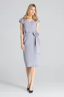 Sukienki - Elegancka SUKIENKA z paskiem materiałowym | rozcięcie na nodze | Szara M - miniaturka - grafika 1
