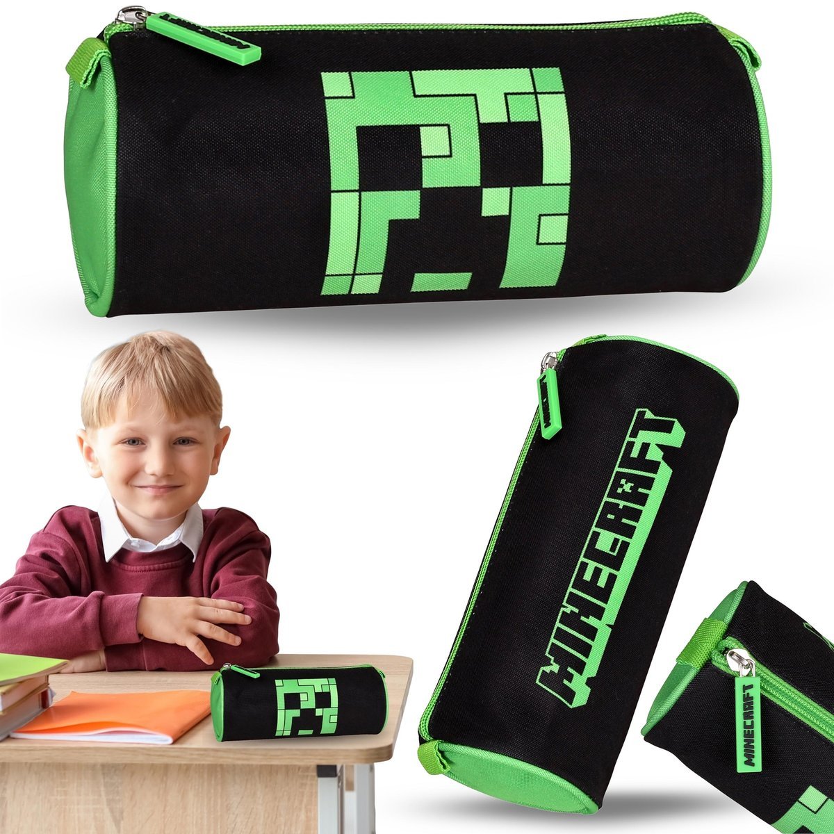 Minecraft Creeper Czarno-zielony piórnik szkolny dla chłopca, TUBA, saszetka na przybory szkolne 22x8x8cm