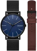 Zegarki męskie - Zegarek Skagen SKW6933SET Black Stainless Steel Mesh and Brown Leather Strap Set 40mm - miniaturka - grafika 1