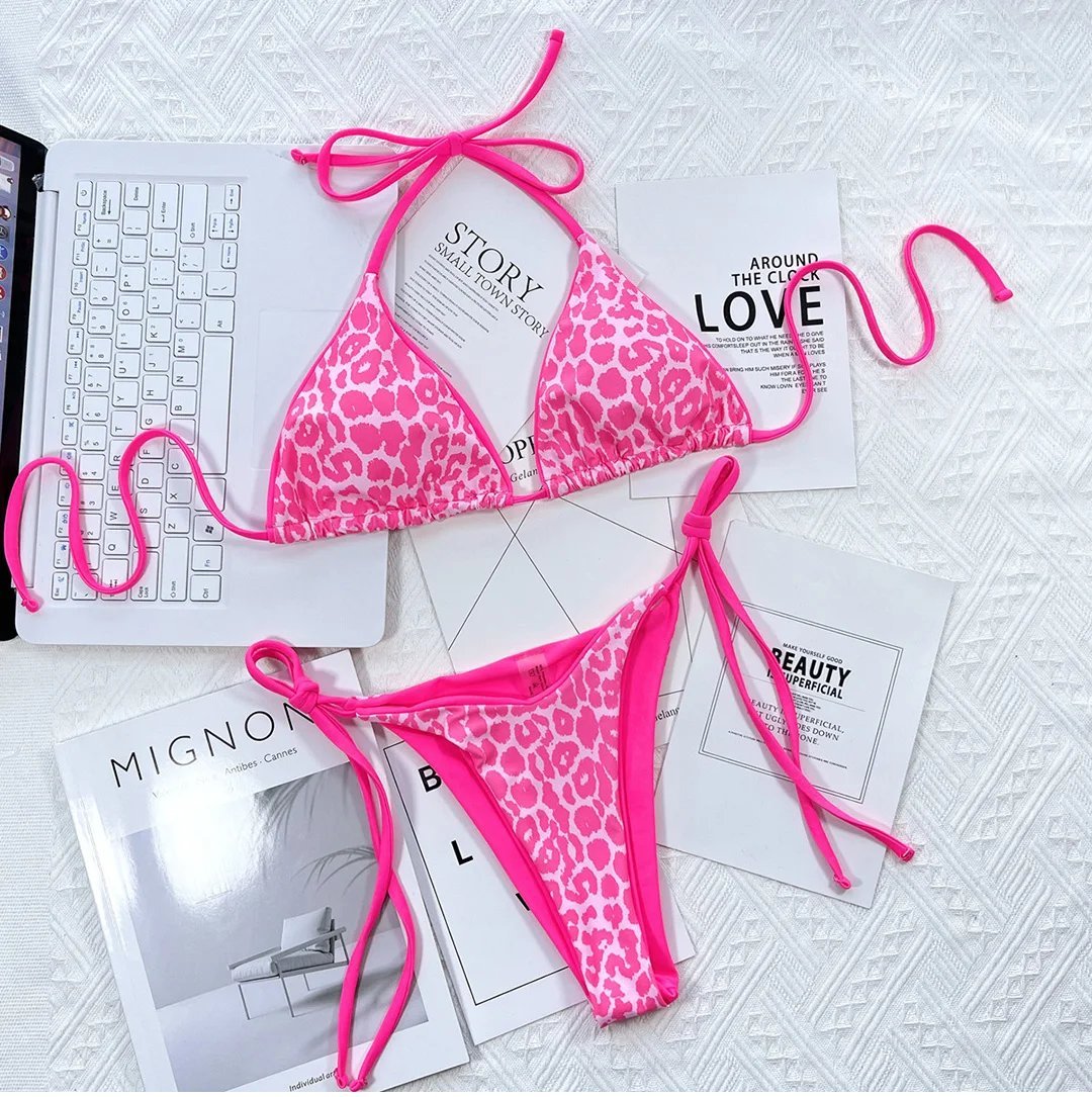 Strój Kąpielowy BIKINI Stringi Neon Wiązane Panterka - M