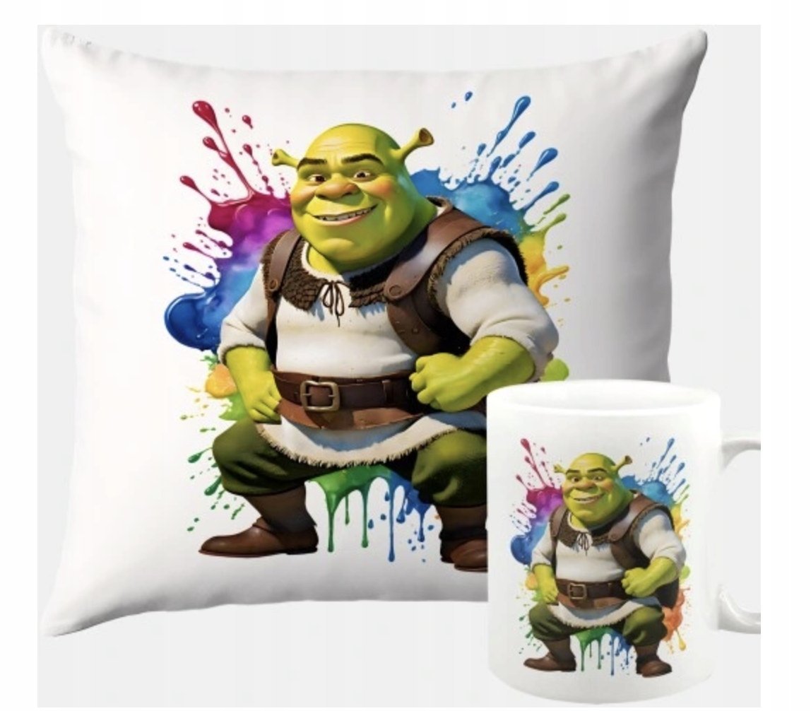 ZESTAW PODUSZKA + KUBEK Prezent SHREK SZREK OSIOŁ FIONA + IMIĘ 35