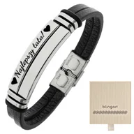 Bransolety męskie - Bransoletka męska SKÓRZANA z grawerem srebrna stal - miniaturka - grafika 1