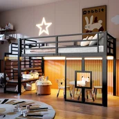 Łóżka dla dzieci i młodzieży - Metalowe łóżko piętrowe 90 x 200 cm ze schodami i miejscem do przechowywania - diody LED - czarne (materac nie jest wliczony w cenę) - miniaturka - grafika 1