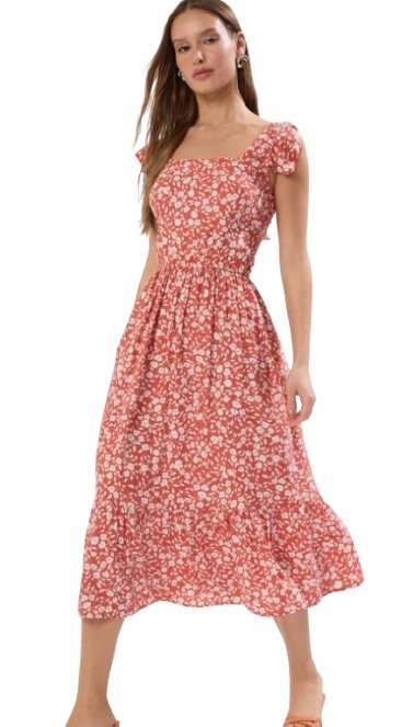 TRENDYOL CZERWONA SUKIENKA MIDI ROZKLOSZOWANA W KWIATY 34 5AA