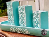 Świeczniki - Komplet drewnianych świeczników, dekory, turkus, preznet - miniaturka - grafika 1