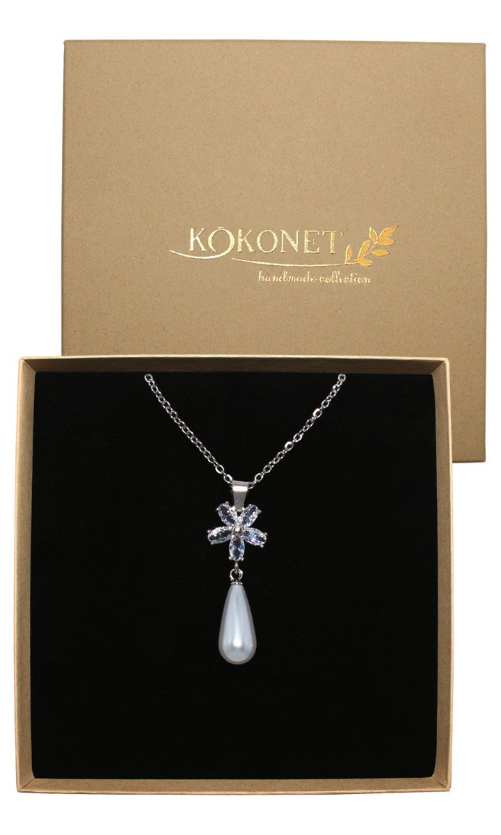 Naszyjnik perłowy KWIATOWY kryształki DŁUGI srebrny BOHO glam vintage