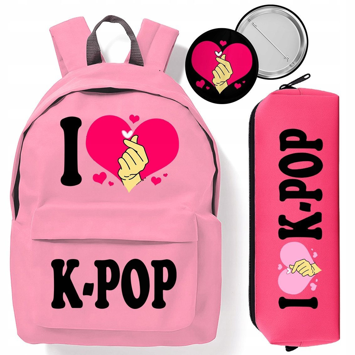 ZESTAW PLECAK RÓŻOWY PIÓRNIK PRZYPINKA I LOVE K-POP MŁODZIEŻOWE TRENDY