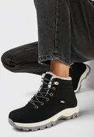 Botki damskie - Czarne Sznurowane Traperki na Płaskiej Podeszwie Wyścielone Futerkiem Magsira - miniaturka - grafika 1