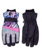 Rękawiczki - Rękawiczki narciarskie dziewczęce pięciopalczaste różowo-niebieski wzór - miniaturka - grafika 1