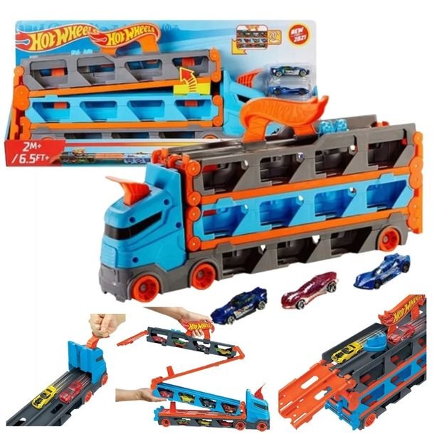 Hot Wheels Transporter 2w1 Samochodowy Rozkładane Tory Wyścigowe + 3 Auta