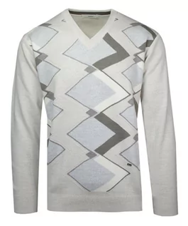 Swetry męskie - Sweter w Serek, Wzór Geometryczny, Beżowy, V-neck, Męski, Cienki -YAMAK - Yamak - grafika 1