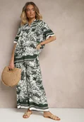 Komplety damskie - Ciemnozielony Komplet z Wiskozy Koszula i Spodnie z Motywem Roślinnym Ridiene - miniaturka - grafika 1