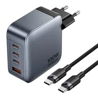 Ładowarki do telefonów - Ładowarka sieciowa Vention 3x USB-C, 1x USB-A, (100W/100W/30W/30W) (szara) z kablem USB-C do USB-C (1m) (czarny) - miniaturka - grafika 1