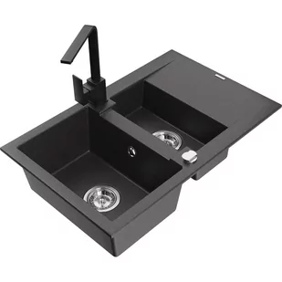 Mexen Gaspar zlewozmywak granitowy 1,5-komorowy z ociekaczem i baterią kuchenną Rita, czarny nakrapiany - Zlewozmywaki z baterią - miniaturka - grafika 1