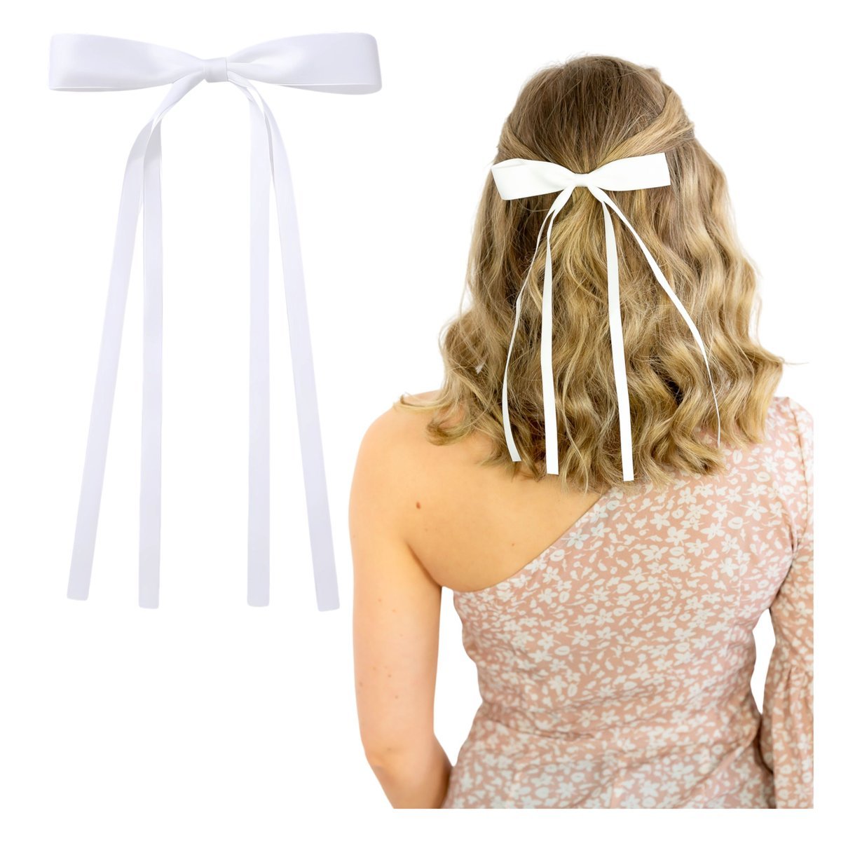 Spinka do Włosów Biała Długa Kokarda Wsuwka Satynowa Wstążka Efektowna
