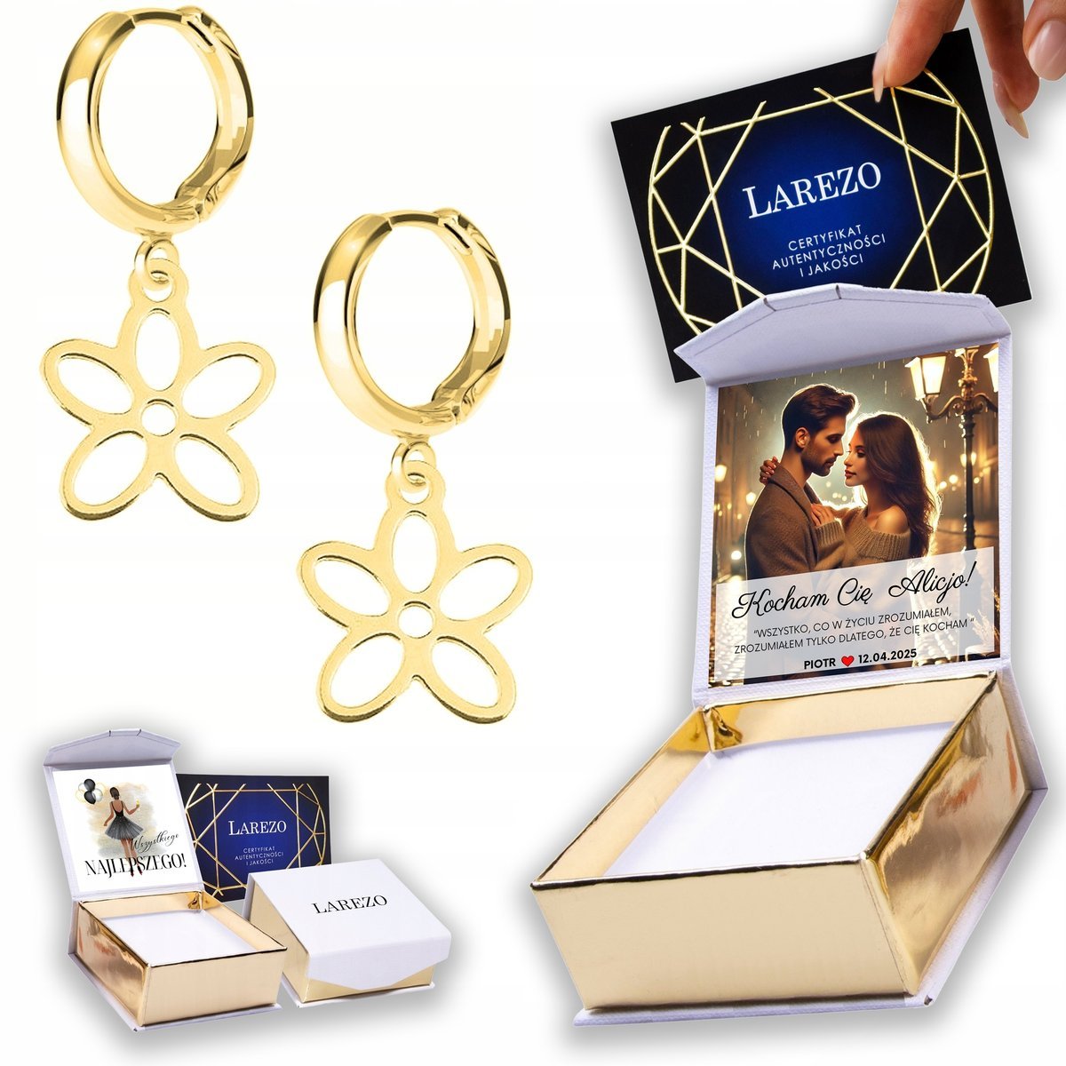 Złote Kolczyki 925 Blaszki z Kwiatkami Kwiaty Kwiatki Flowers NADRUK