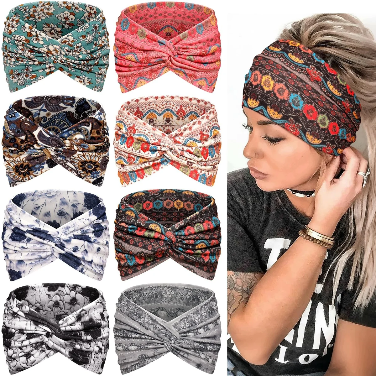 OPASKA DO WŁOSÓW SZEROKA WZÓR PAISLEY WIELOKOLOROWA 8 PACK TURBANKOWA