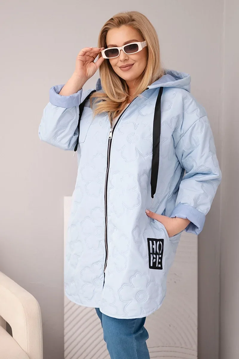 Kurtka damska Plus Size pikowana z kapturem i napisem HOPE niebieska Niebieski
