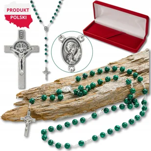 Różaniec Z Kamieni Naturalnych Malachit 8mm – Ręcznie Składany W Polsce, Posrebrzane Elementy Włoskie, Krzyż Św. Benedykta, Prezent Dla Osoby Wierzą.. - Naszyjniki - miniaturka - grafika 1