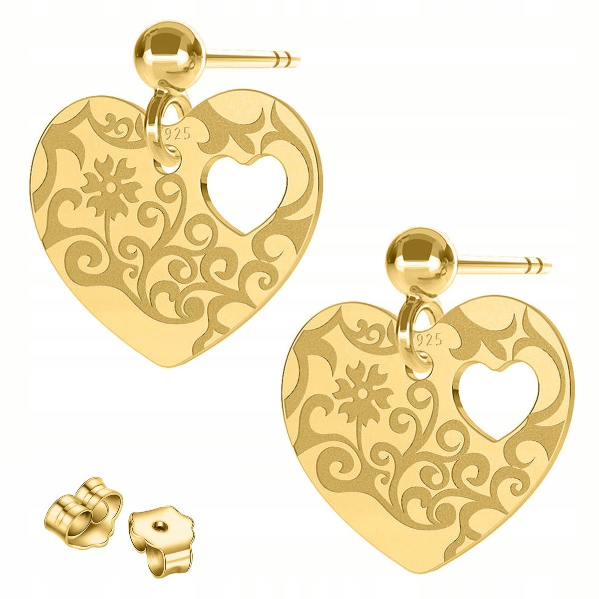 Złote Kolczyki Ozdobne Serce Serduszko Blaszki Serca Hearts SREBRO 925