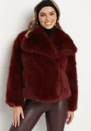 Kurtki damskie - Bordowa Futrzana Kurtka Futerko z Szerokim Kołnierzem Dannora - miniaturka - grafika 1