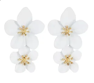 Białe podwójne kolczyki z kwiatami złote matowe wiszące wiosenne delikatne - Kolczyki - miniaturka - grafika 1