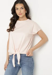 Jasnoróżowy T-shirt z Bawełny z Ozdobnym Wiązaniem Sunitra - Koszulki i topy damskie - miniaturka - grafika 1