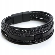 Bransolety męskie - BRANSOLETKA MĘSKA SKÓRZANA CZARNA PLECIONA STAL SZLACHETNA CHIRURGICZNA 316 - miniaturka - grafika 1