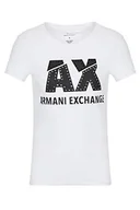 Koszulki i topy damskie - Armani Exchange Damska koszulka z logo Studded Slim Fit Scoop Neck, biały (Optic White 1000), L - miniaturka - grafika 1