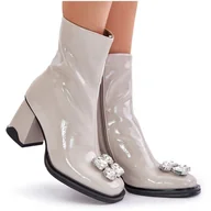 Botki damskie - S.Barski Lakierowane Botki Damskie Na Słupku Z Ozdobą D&A MR880-019 Jasnoszare - miniaturka - grafika 1