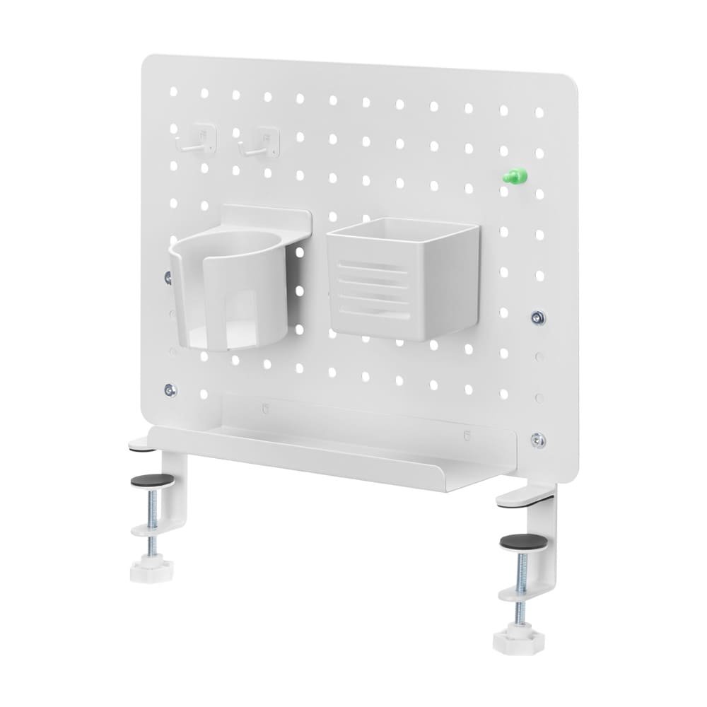 Spacetronik - Organizer biurkowy z blachy perforowanej - Organizer biurowy na słuchawki - Organizer biurkowy na akcesoria - Uchwyt na biurko - Perforowane akcesoria ścienne - 42 cm x 47,7 cm - Biały