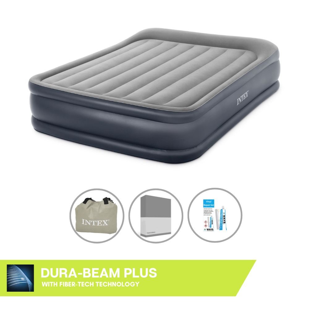 Dmuchane łóżko Intex - 2 osoby - 152 x 203 x 42 cm - Szare - Z pompką + prześcieradło antracytowe + zestaw naprawczy