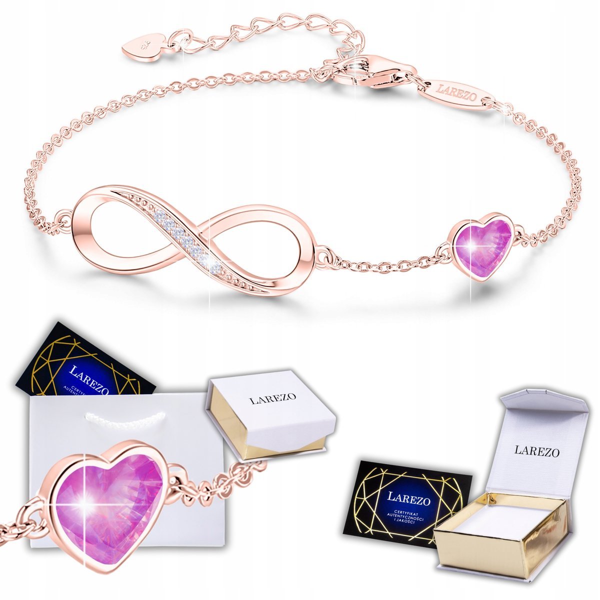 Bransoletka Pozłacana z Nieskończonością Różowe Serce Kryształy SREBRO 925