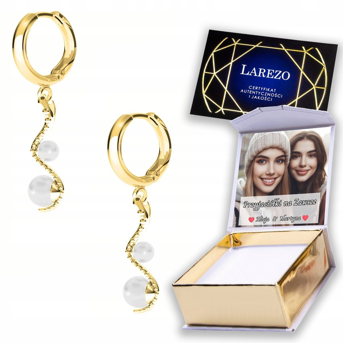 Złote Kolczyki 925 Węże z Białymi Perłami Wąż Biała Perła Perły NADRUK