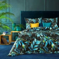 Pościel - Pościel satynowa 160x200 czarna turkusowa liście Nika - miniaturka - grafika 1