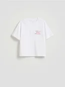 Koszulki i topy damskie - Reserved - T-shirt w paski z nadrukiem - złamana biel - miniaturka - grafika 1