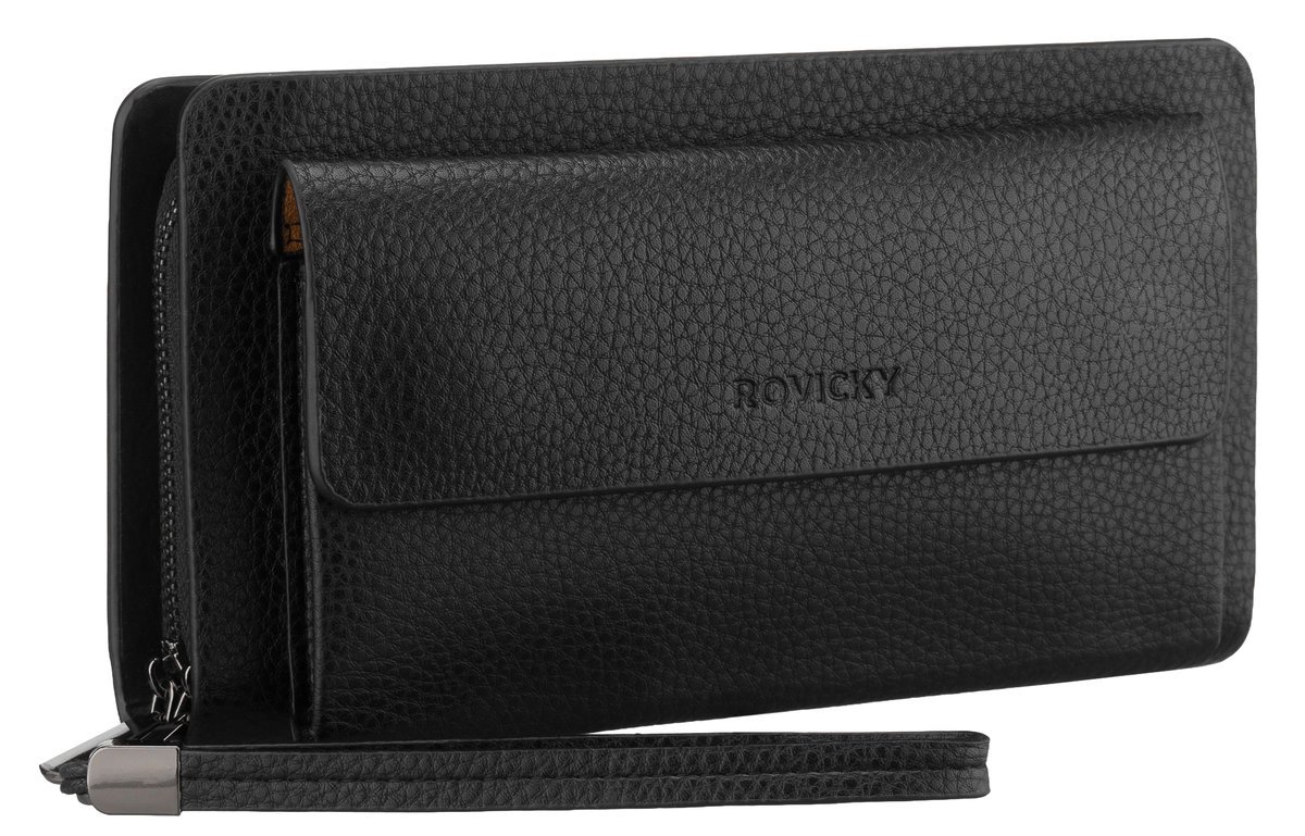 Saszetka męska na nadgarstek ROVICKY mała miejska do ręki kieszonki na suwak portfel 2w1 kieszeń na telefon czarna