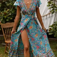 Sukienki - Wzorzysta sukienka maxi - Morski XL - miniaturka - grafika 1