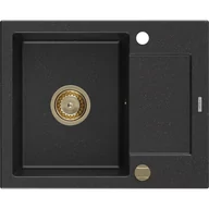 Zlewozmywaki - Mexen Enzo zlewozmywak granitowy 1-komorowy z ociekaczem 576 x 465 mm, czarny/srebrny metalik, syfon złoty - miniaturka - grafika 1
