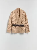 Swetry damskie - Reserved - Kardigan z paskiem - kremowy - miniaturka - grafika 1