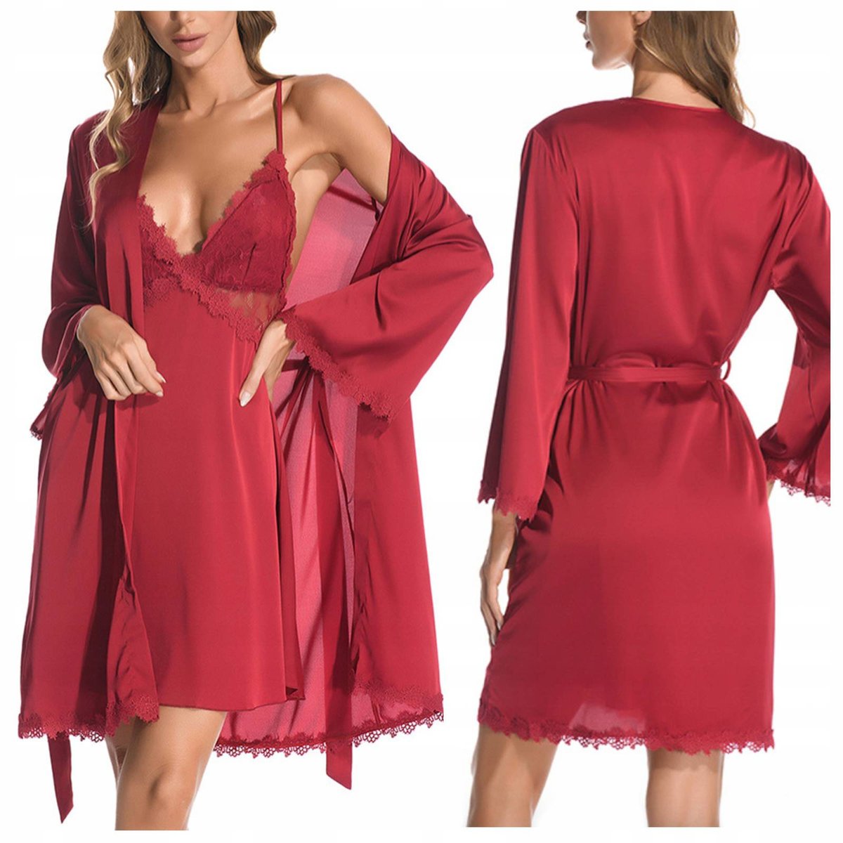 Komplet szlafrok damski satynowy koszulka - M