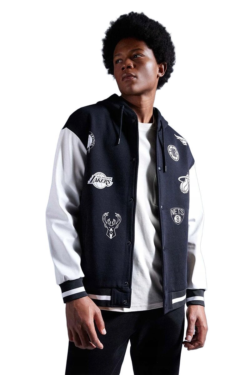 DEFACTO MĘSKI SWETER BEJSBOLOWY Z NAPISAMI CZARNY BIAŁY XS 5DA