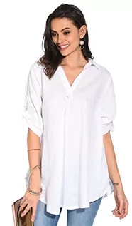 Bluzki damskie - Bonateks damska top 100% lniana tunika Made in Italy, bluzka z dekoltem w serek i długim rękawem, biała, rozmiar: L, biały, L - grafika 1