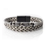 Bransolety męskie - Bransoletka skórzana biało-srebrna - skóra naturalna + koraliki EM - EM Men's Accessories - miniaturka - grafika 1