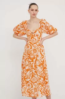Sukienki - Billabong sukienka bawełniana kolor pomarańczowy midi rozkloszowana - grafika 1