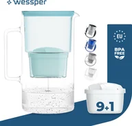 Dzbanki i imbryki - Wessper szklany dzbanek filtrujący 3 l Kompatybilny z wkładami filtrującymi Brita, w tym 10 wkładów filtrujących, miętowy - miniaturka - grafika 1