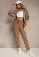 Spodnie damskie - Brązowe Spodnie o Szerokim Kroju z Metalicznymi Ozdobami i Wiązaniem Voressa - miniaturka - grafika 1