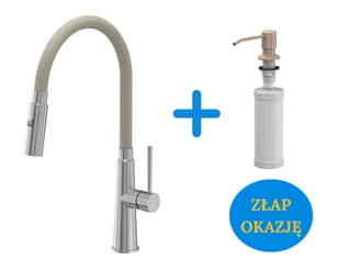 Quadron POP Bateria zlewozmywakowa stalowa GINA STEELQ z elastyczną beżową wylewką i funkcją prysznica plus dozownik okrągły do płynu KEIRA kolor river sand / piaskowy - Baterie kuchenne - miniaturka - grafika 1